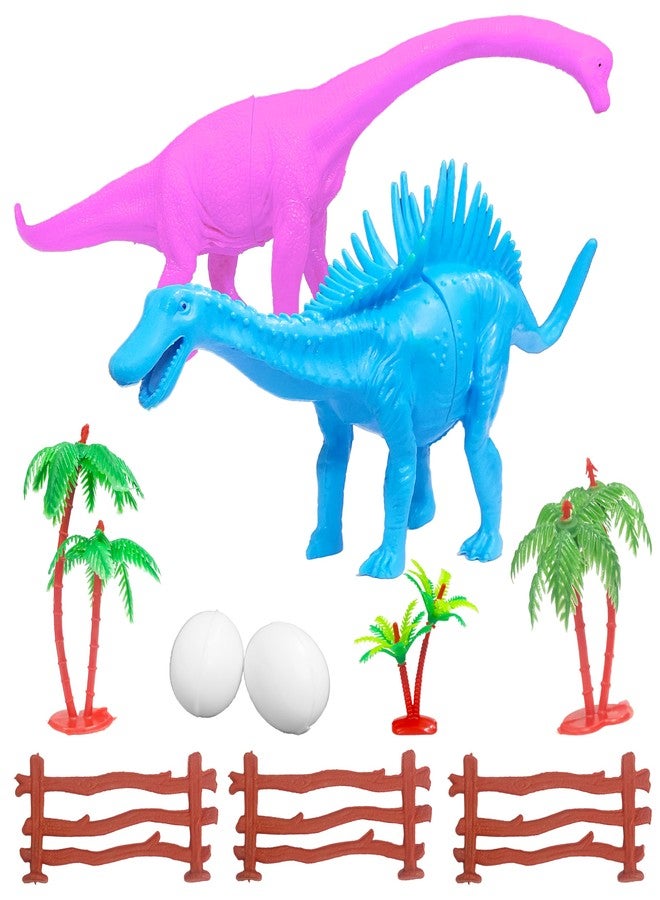 VGRASSP 2 Pcs Big Dinosaur Family Play Toy for Kids - 30 cm Long Wild Animal Toy Figure Playset with Artificial Eggs, Trees and Fences - Birthday Return Gift for Boys and Girls - Multicolor - Image 2